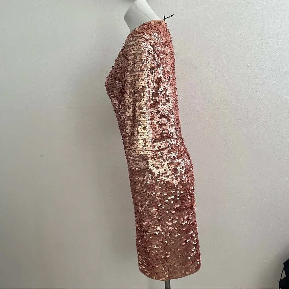 NEW BCBGMAXARIA FITTED SEQUIN DRESS LARGE ROSE GOLD STRETCH cocktail PARTY - Picture 6 of 12